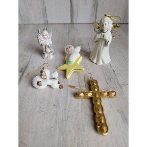 Cross angel snow star cherub ornament Xmas religious set harp